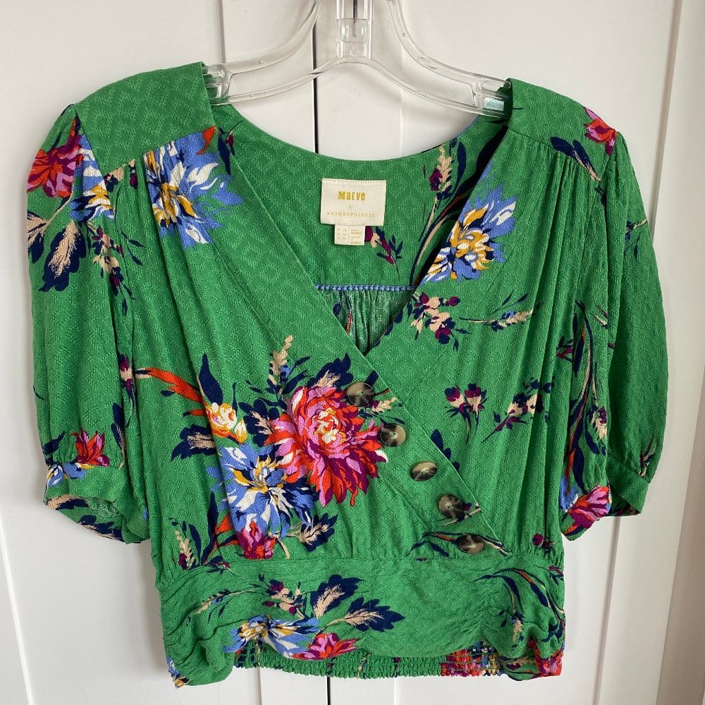 Anthropologie Maeve Green Floral Blouse
